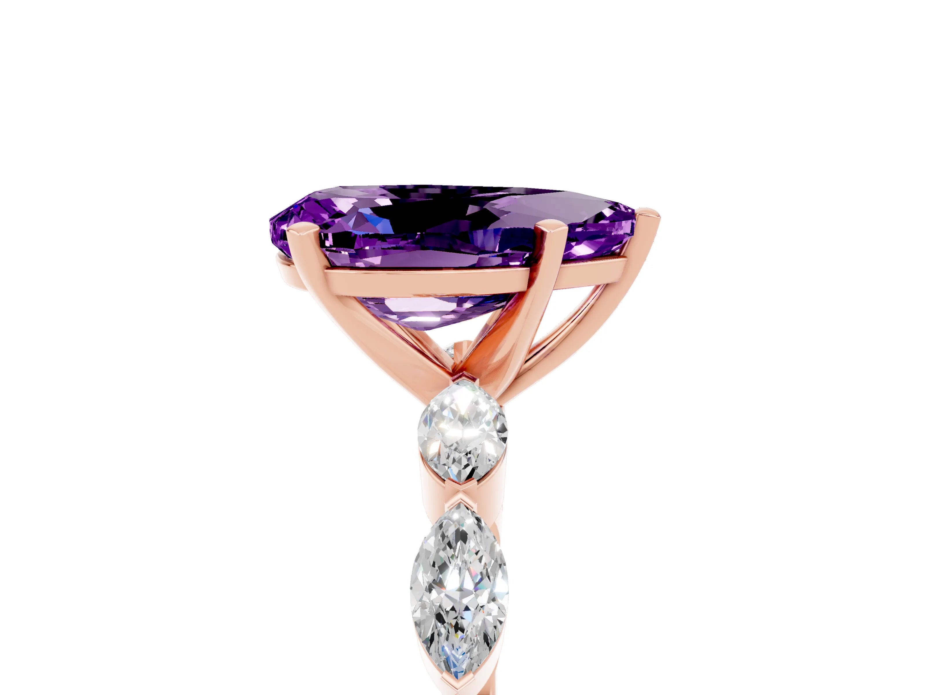 Rose gold Pear Cut Amethyst Ring with Marquise Side Stones and Prong Setting_5