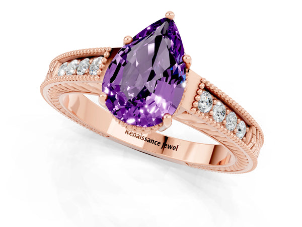 Rose gold Pear Cut Amethyst Ring with Milgrain Pavé Band and Four-Prong Setting