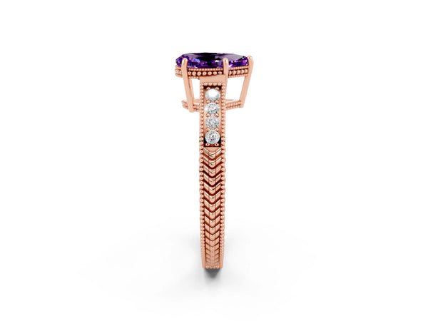 Rose gold Pear Cut Amethyst Ring with Milgrain Pavé Band and Four-Prong Setting