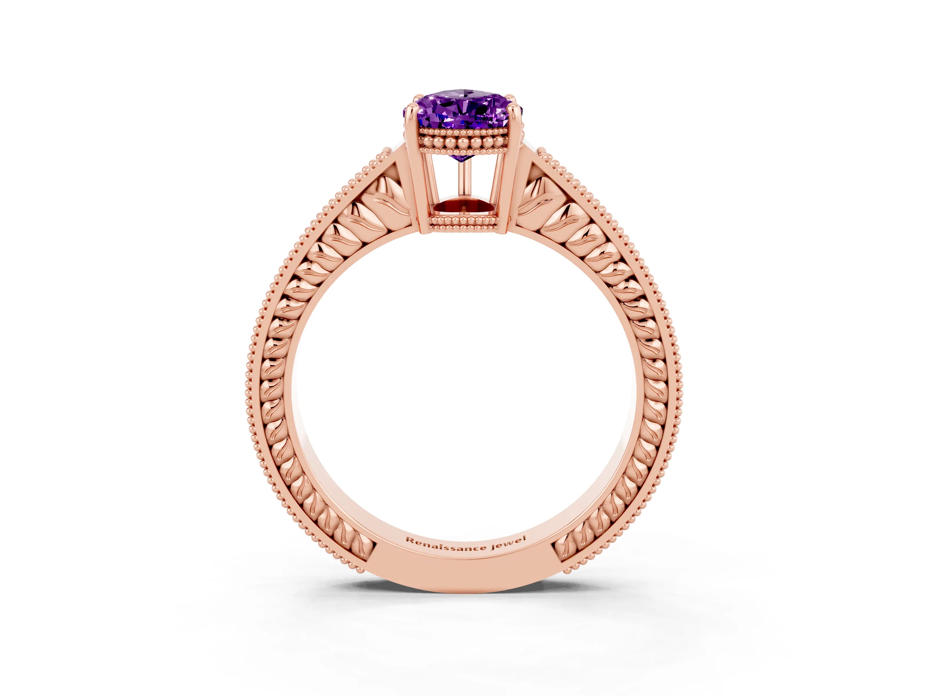Rose gold Pear Cut Amethyst Ring with Milgrain Pavé Band and Four-Prong Setting_15