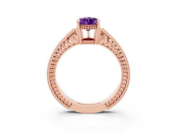 Rose gold Pear Cut Amethyst Ring with Milgrain Pavé Band and Four-Prong Setting