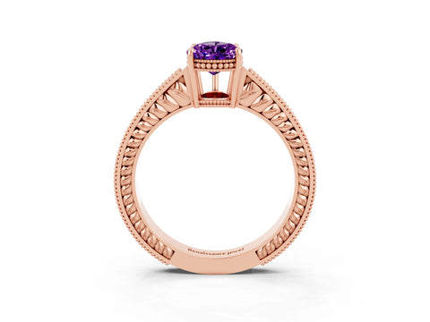 Rose gold Pear Cut Amethyst Ring with Milgrain Pavé Band and Four-Prong Setting_15
