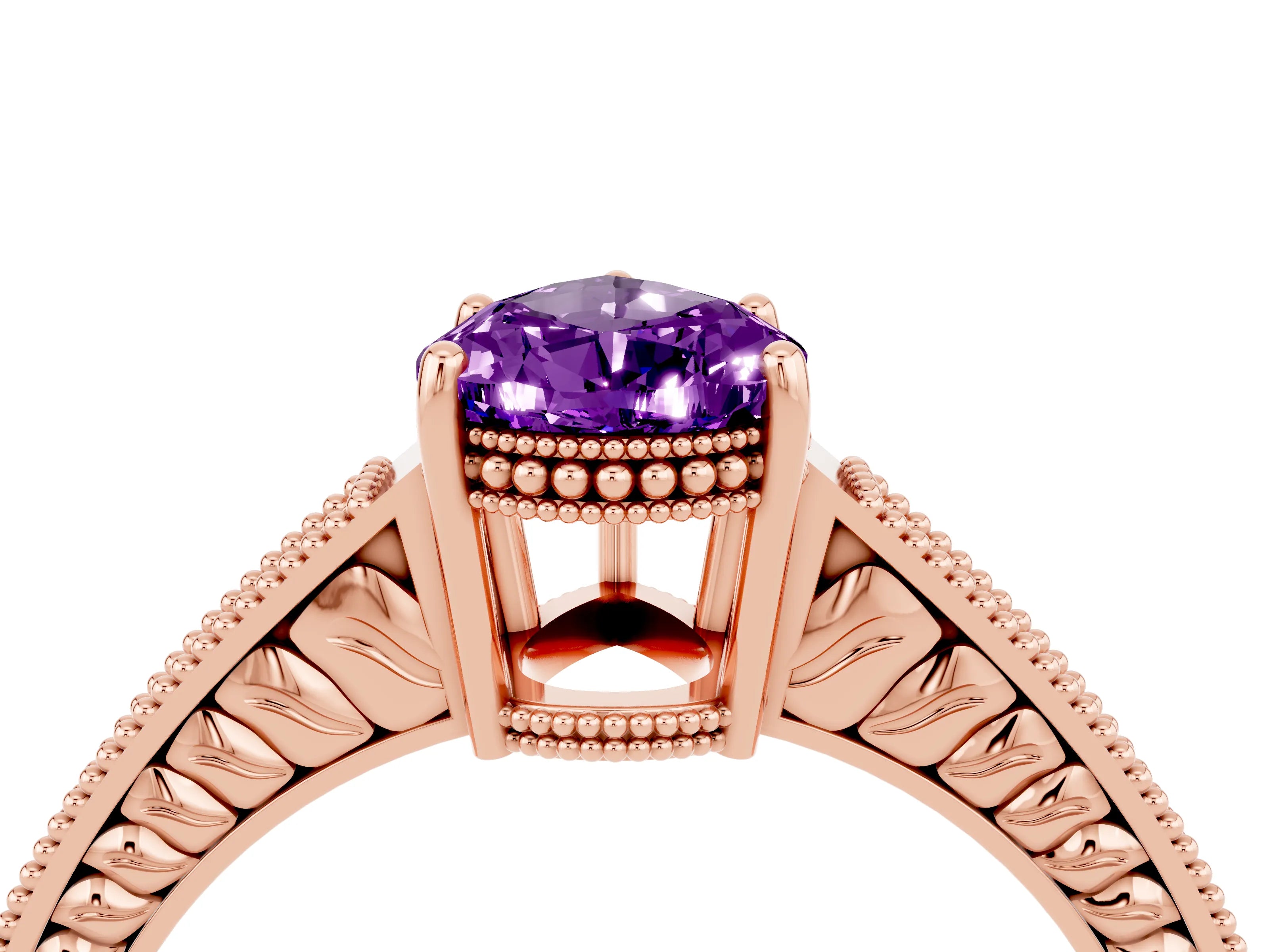 Rose gold Pear Cut Amethyst Ring with Milgrain Pavé Band and Four-Prong Setting_16