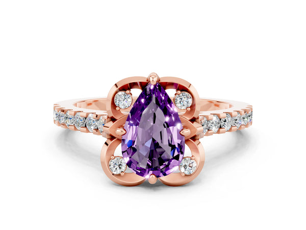 Rose gold Pear Cut Amethyst Ring with Pavé Band and Floral Prong Setting