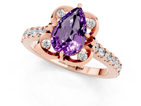 Rose gold Pear Cut Amethyst Ring with Pavé Band and Floral Prong Setting