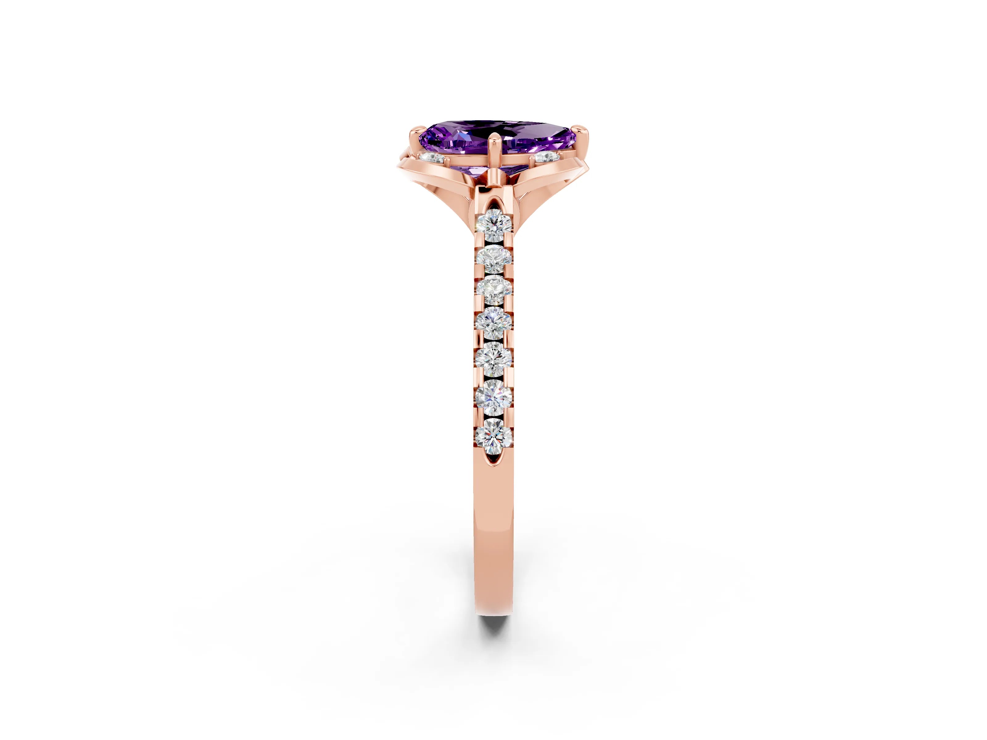 Rose gold Pear Cut Amethyst Ring with Pavé Band and Floral Prong Setting_2