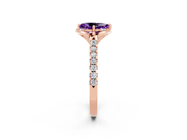 Rose gold Pear Cut Amethyst Ring with Pavé Band and Floral Prong Setting