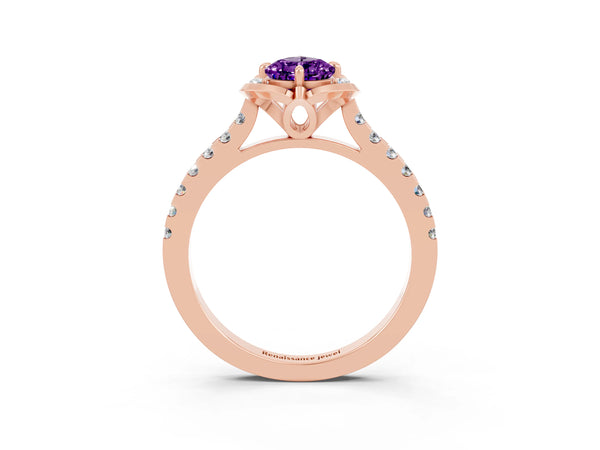 Rose gold Pear Cut Amethyst Ring with Pavé Band and Floral Prong Setting