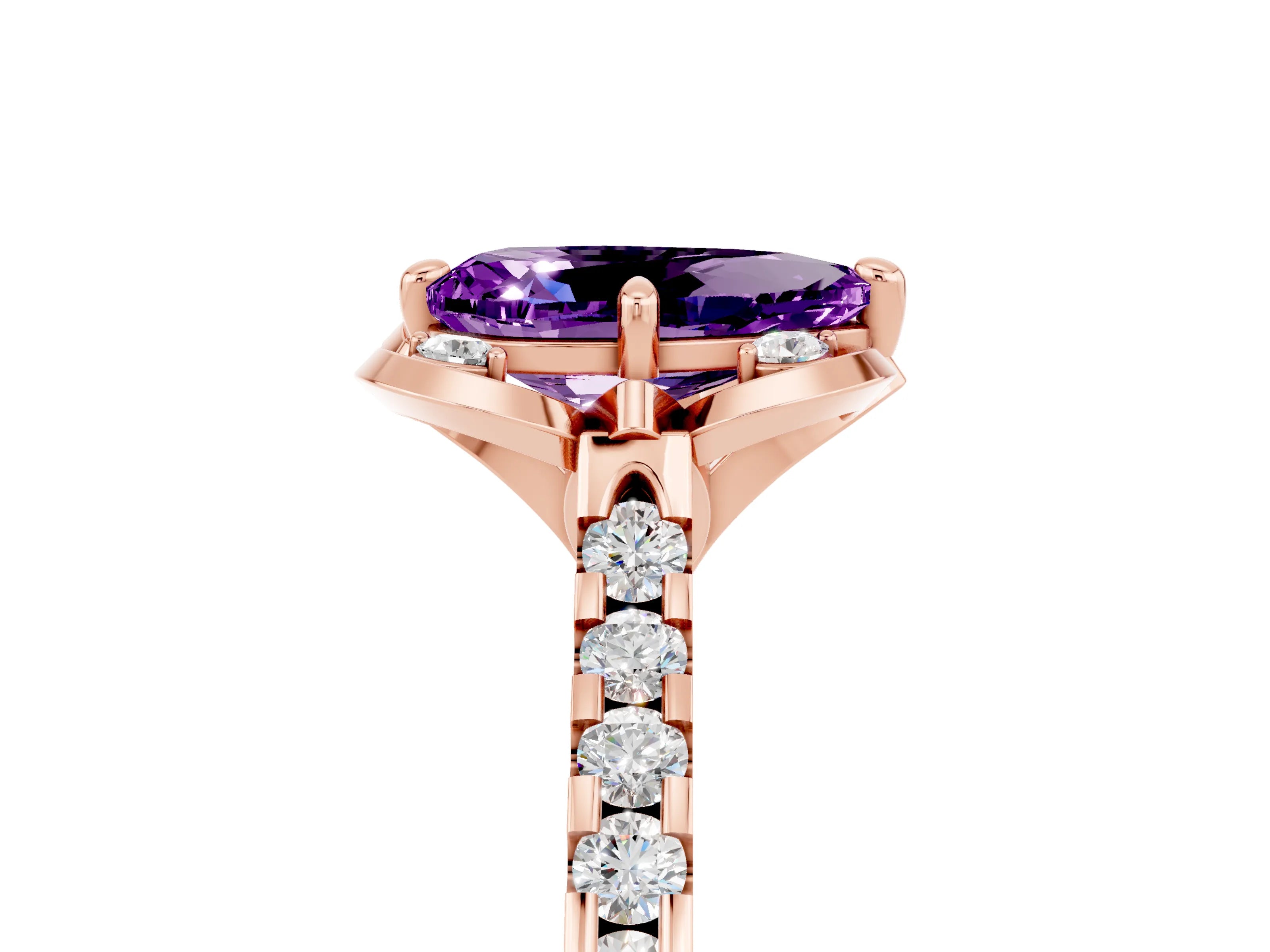 Rose gold Pear Cut Amethyst Ring with Pavé Band and Floral Prong Setting_5