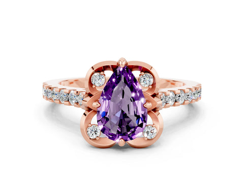 Rose gold Pear Cut Amethyst Ring with Pavé Band and Floral Prong Setting