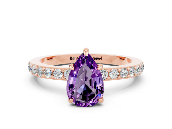 Rose gold Pear Cut Amethyst Pavé Engagement Ring with Round  Accents and Prong Setting