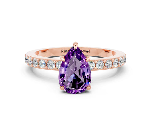 Rose gold Pear Cut Amethyst Ring with Pavé Band and Four-Prong Setting