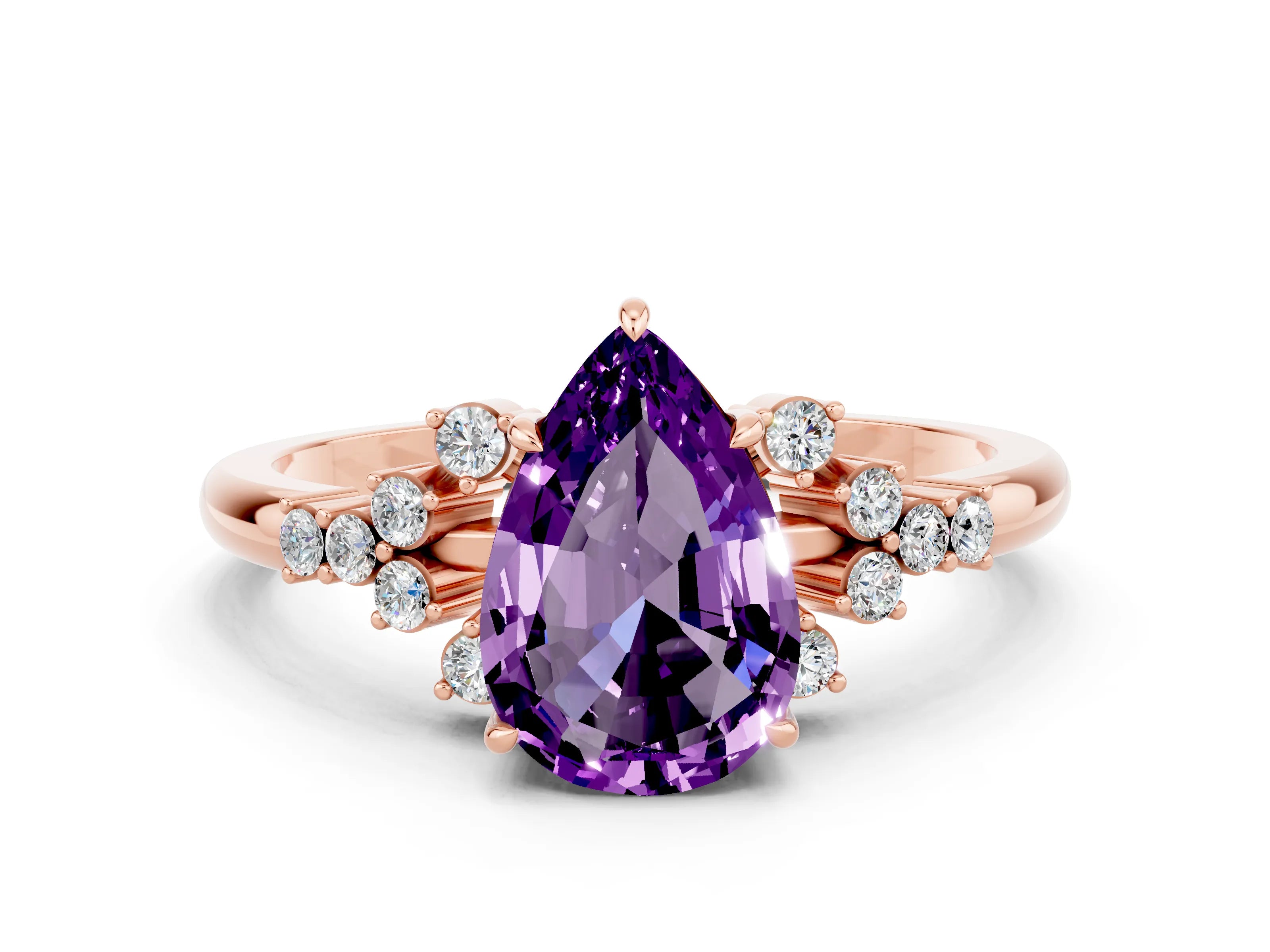 Rose gold Pear Cut Amethyst Ring with Side Stones and Four-Prong Setting_36