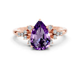 Rose gold Pear Cut Amethyst Ring with Side Stones and Four-Prong Setting_36