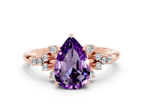 Rose gold Pear Cut Amethyst Ring with Side Stones and Four-Prong Setting_36