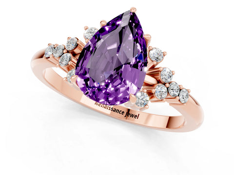 Rose gold Pear Cut Amethyst Ring with Side Stones and Four-Prong Setting_37