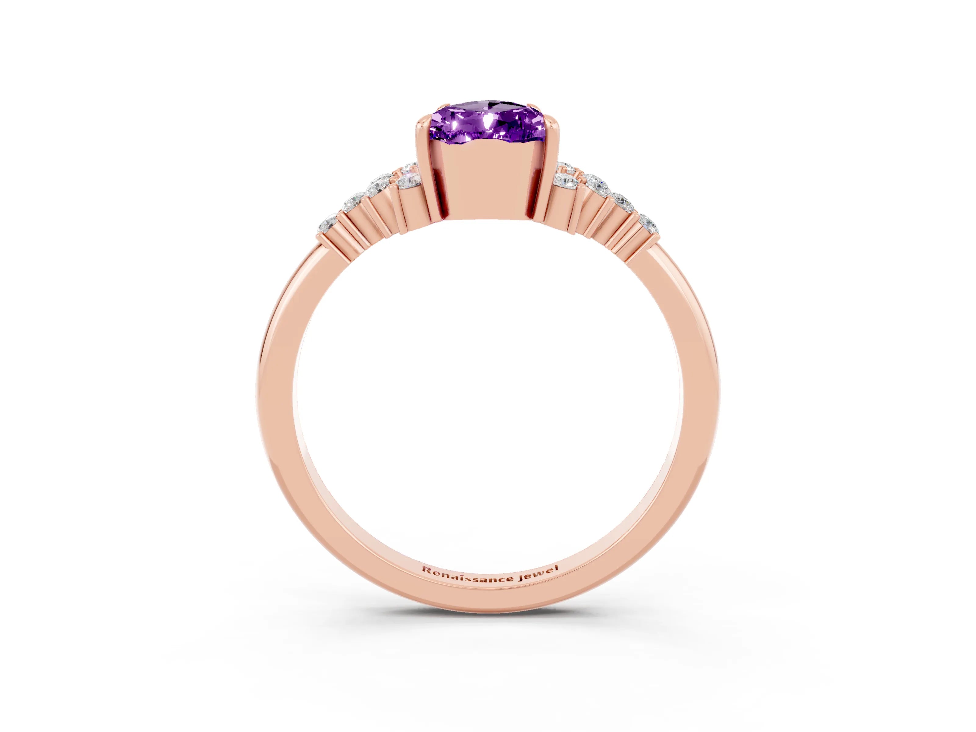 Rose gold Pear Cut Amethyst Ring with Side Stones and Four-Prong Setting_39
