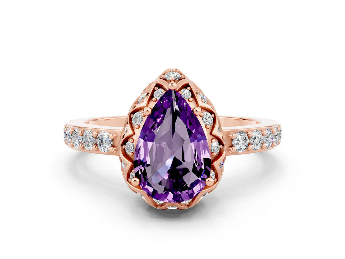Rose gold Pear Cut Amethyst Scalloped Halo Engagement Ring with Round Shared Prong Band_24