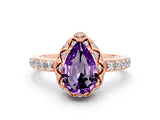 Rose gold Pear Cut Amethyst Scalloped Halo Engagement Ring with Round Shared Prong Band_24