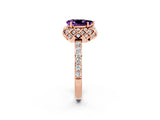 Rose gold Pear Cut Amethyst Scalloped Halo Engagement Ring with Round Shared Prong Band_26