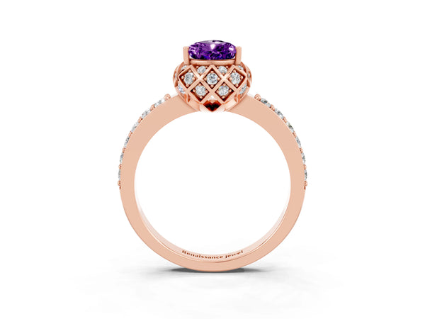Rose gold Pear Cut Amethyst Scalloped Halo Engagement Ring with Round Shared Prong Band