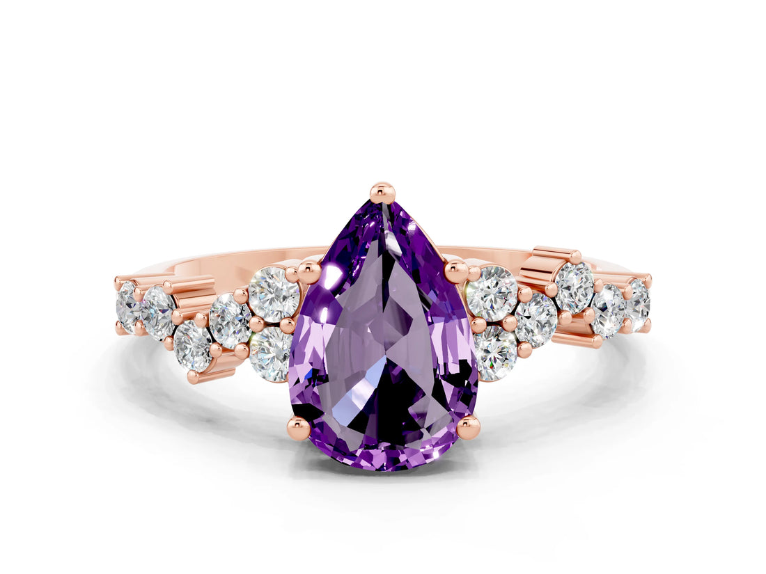 Rose gold Pear Cut Amethyst Scattered Round Accent Ring with Prong Setting_12