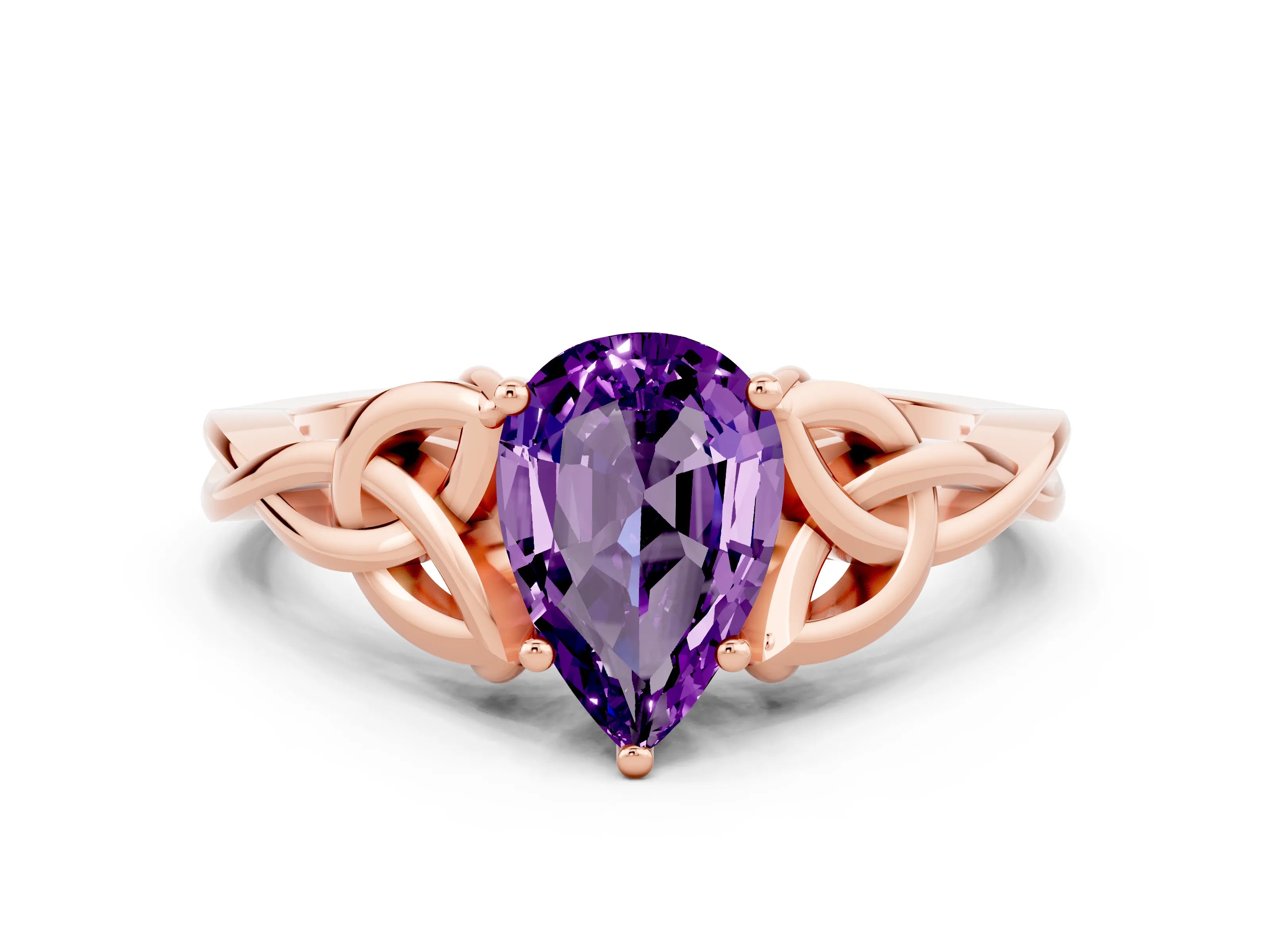 Rose gold Pear Cut Amethyst Solitaire Celtic Knot Ring with Four-Prong Setting_12