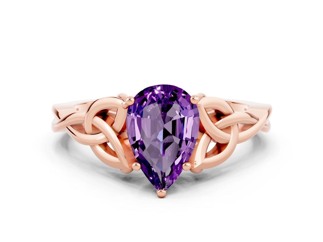 Rose gold Pear Cut Amethyst Solitaire Celtic Knot Ring with Four-Prong Setting_12