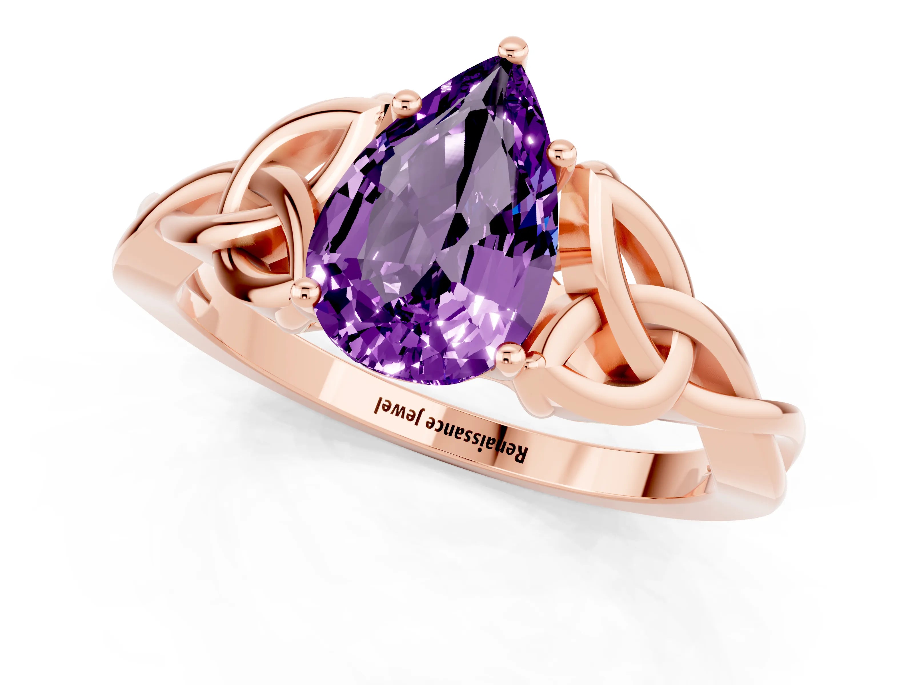 Rose gold Pear Cut Amethyst Solitaire Celtic Knot Ring with Four-Prong Setting_13