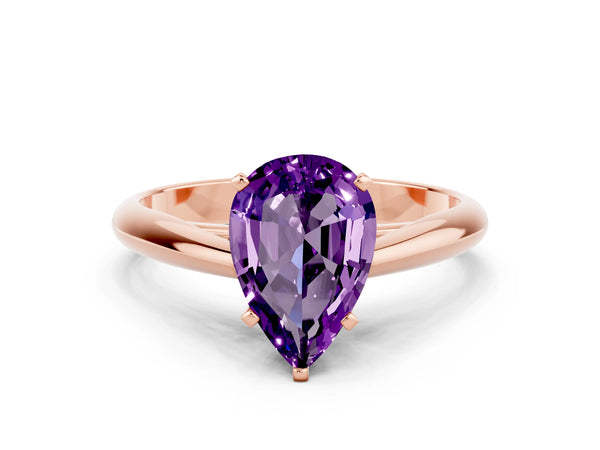Rose gold Pear Cut Amethyst Solitaire Engagement Ring with Cathedral Setting and Four-Prong Mount