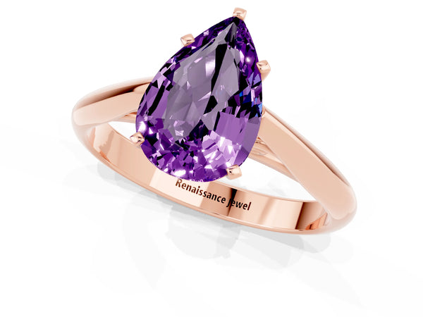 Rose gold Pear Cut Amethyst Solitaire Engagement Ring with Cathedral Setting and Four-Prong Mount