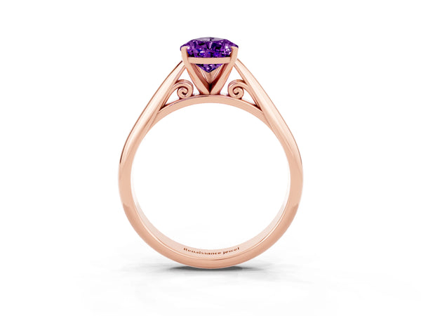 Rose gold Pear Cut Amethyst Solitaire Engagement Ring with Cathedral Setting and Four-Prong Mount