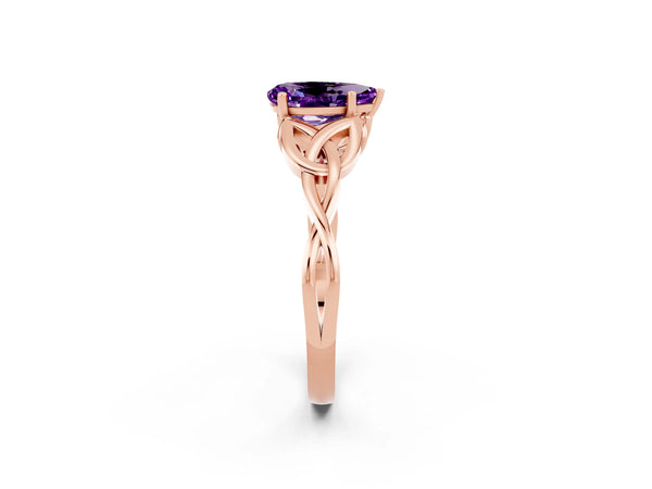Rose gold Pear Cut Amethyst Solitaire Engagement Ring with Celtic Knot Band and Four-Prong Setting