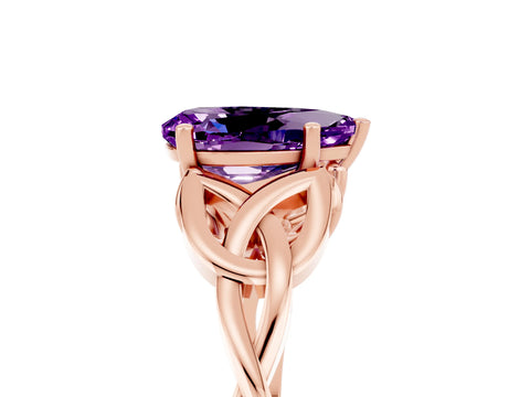 Rose gold Pear Cut Amethyst Solitaire Engagement Ring with Celtic Knot Band and Four-Prong Setting_5