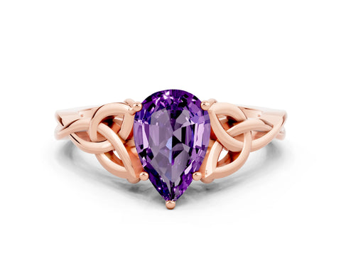 Rose gold Pear Cut Amethyst Solitaire Engagement Ring with Celtic Knot Band and Four-Prong Setting