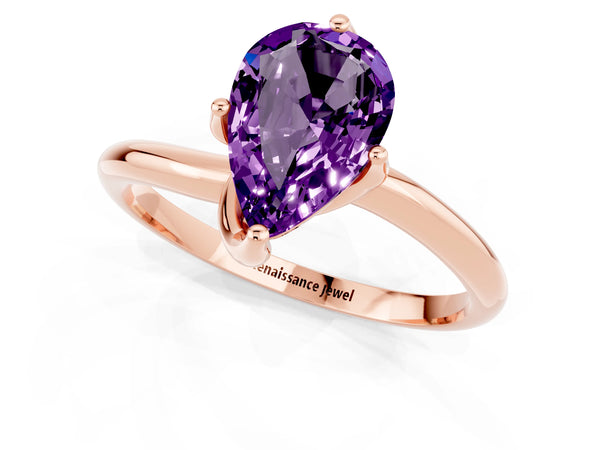 Rose gold Pear Cut Amethyst Solitaire Engagement Ring with Four-Prong Setting and Classic Band