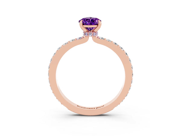 Rose gold Pear Cut Amethyst Solitaire Engagement Ring with Pavé Band and Four-Prong Setting