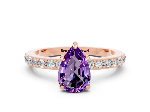 Rose gold Pear Cut Amethyst Solitaire Engagement Ring with Pavé Band and Four-Prong Setting