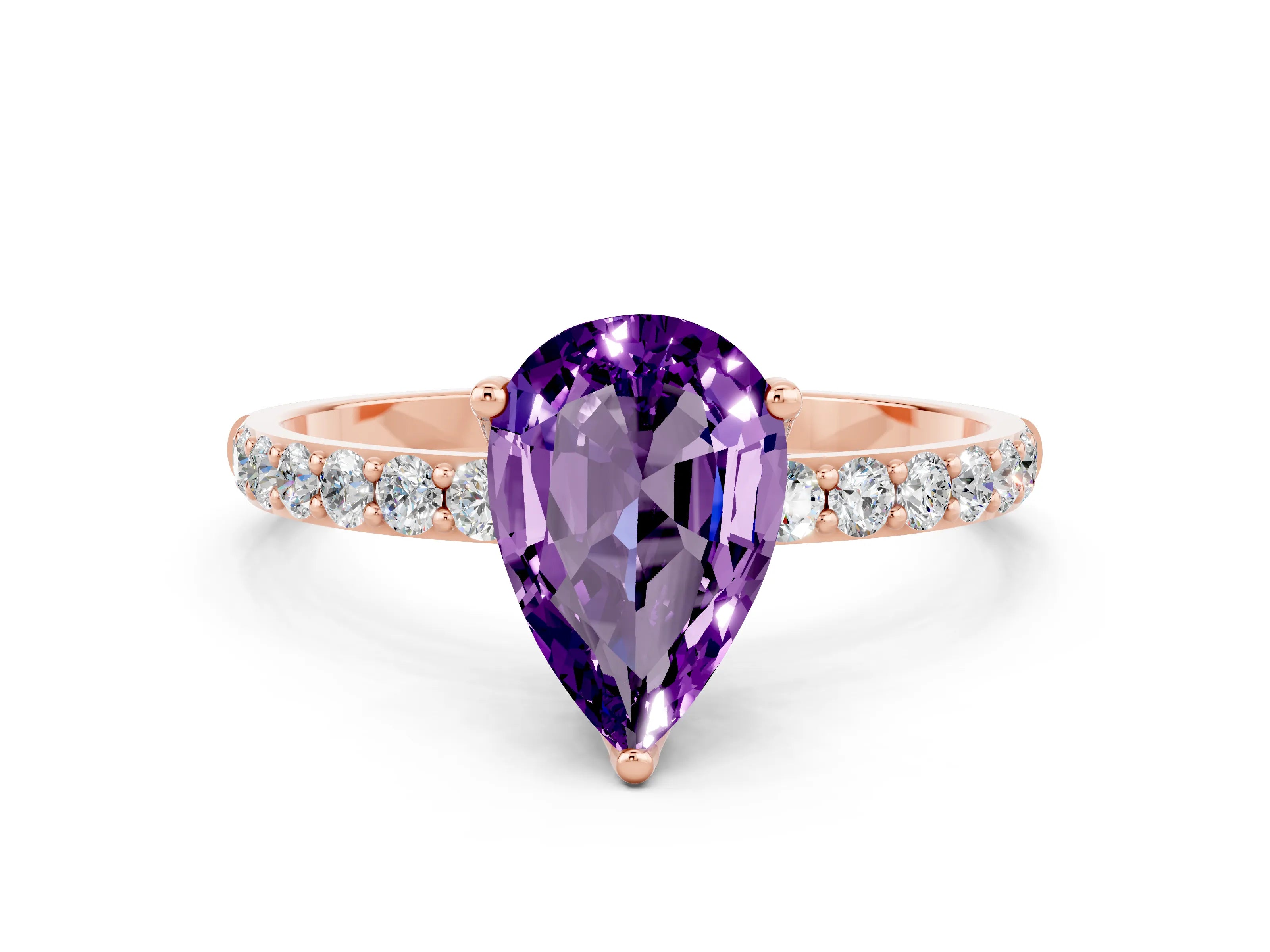 Rose gold Pear Cut Amethyst Solitaire Engagement Ring with Pavé Band and Prong Setting