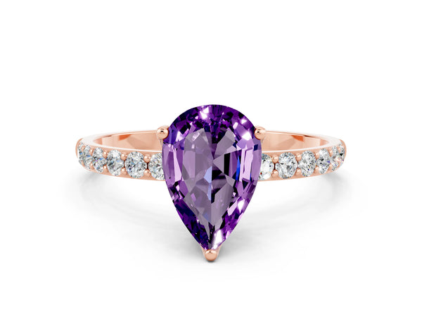 Rose gold Pear Cut Amethyst Solitaire Engagement Ring with Round  Pavé Band and Prong Setting