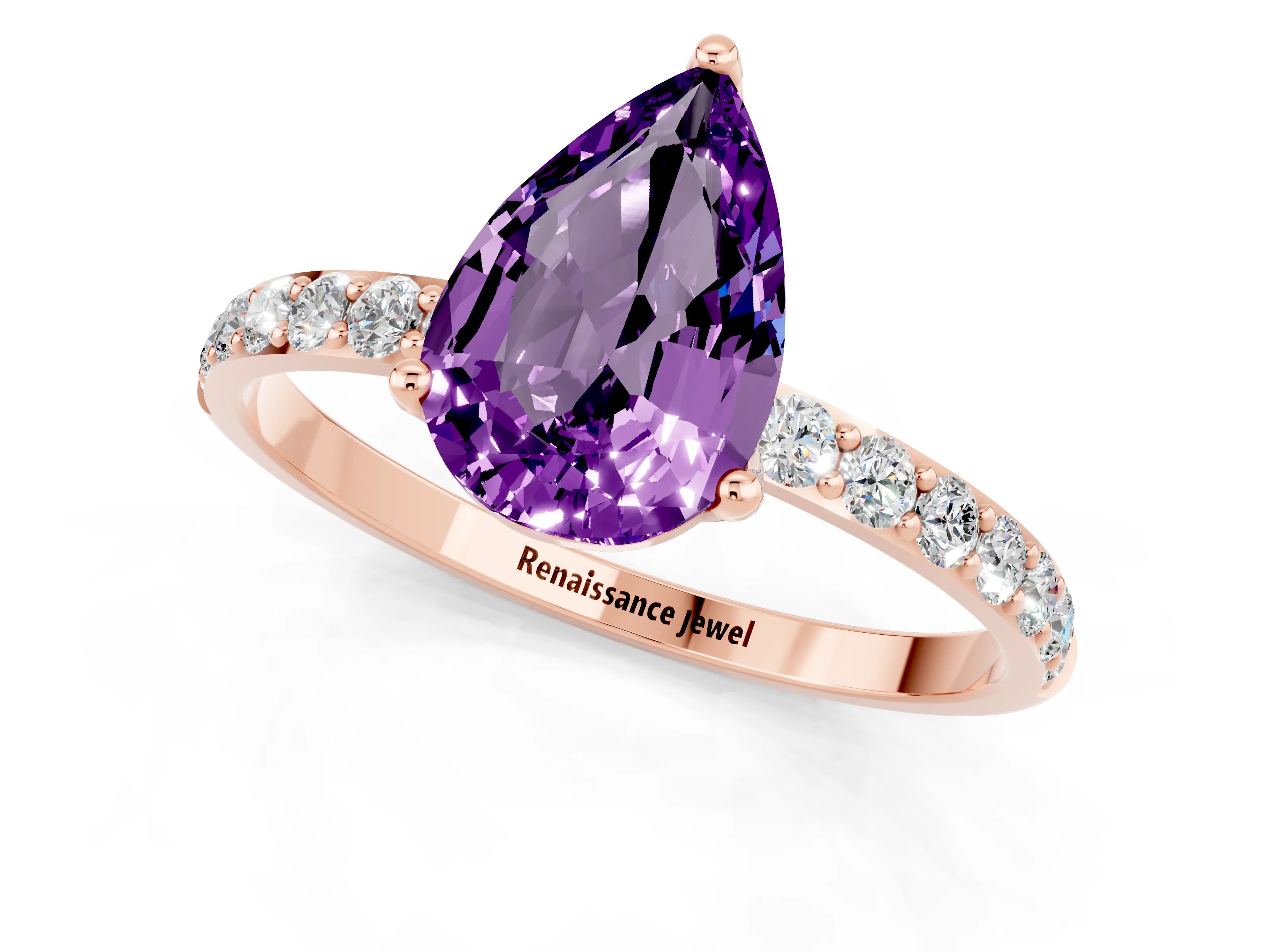 Rose gold Pear Cut Amethyst Solitaire Engagement Ring with Pavé Band and Prong Setting_1