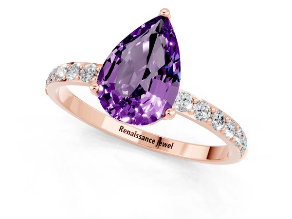 Rose gold Pear Cut Amethyst Solitaire Engagement Ring with Round  Pavé Band and Prong Setting