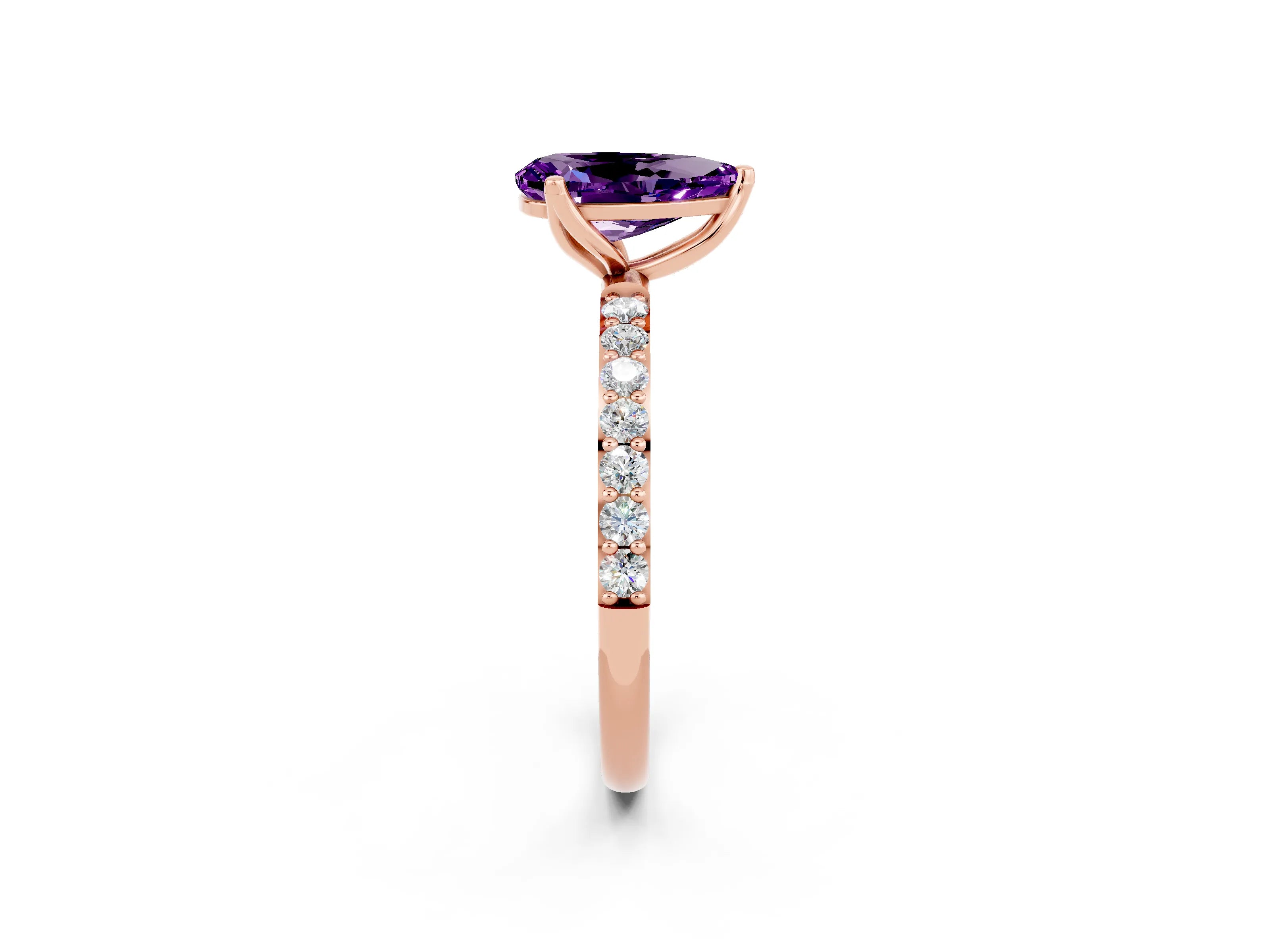 Rose gold Pear Cut Amethyst Solitaire Engagement Ring with Pavé Band and Prong Setting_2