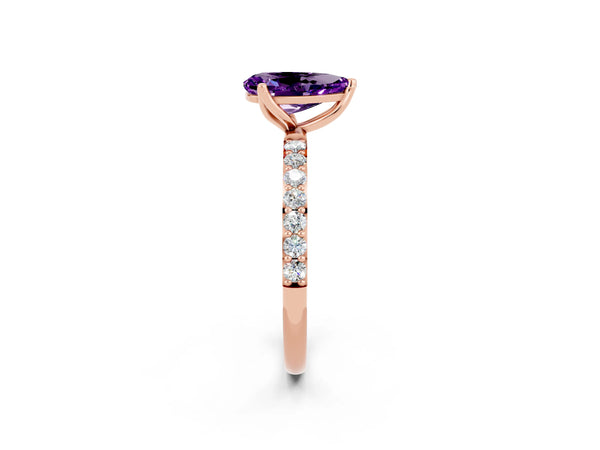 Rose gold Pear Cut Amethyst Solitaire Engagement Ring with Round  Pavé Band and Prong Setting