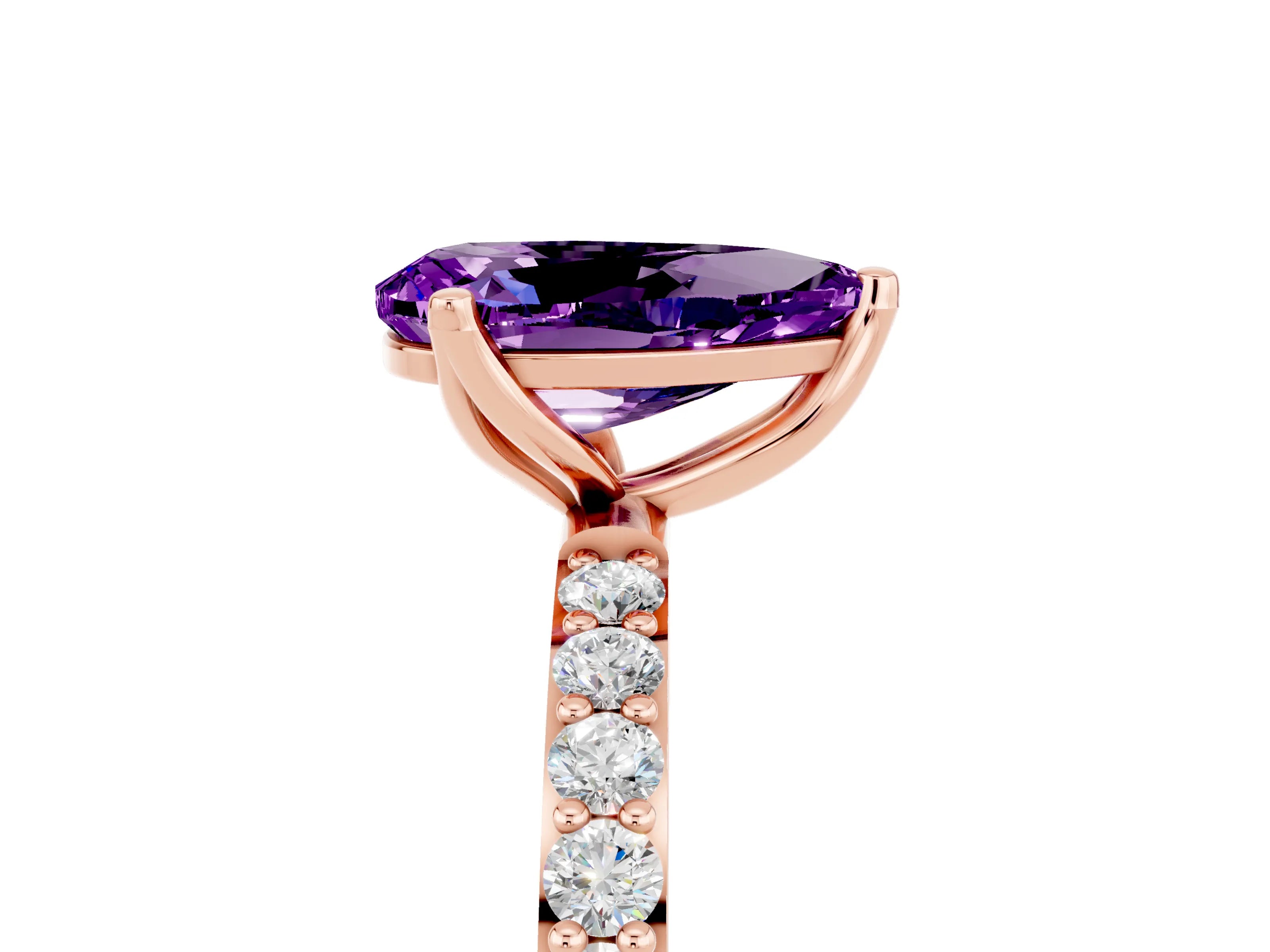 Rose gold Pear Cut Amethyst Solitaire Engagement Ring with Pavé Band and Prong Setting_5