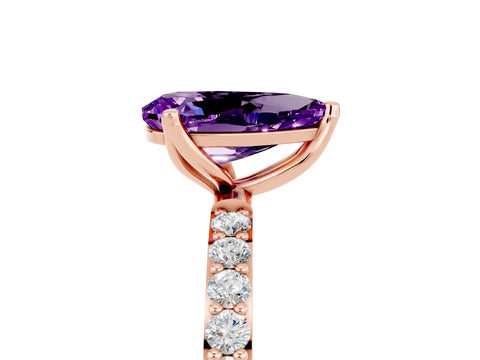 Rose gold Pear Cut Amethyst Solitaire Engagement Ring with Pavé Band and Prong Setting_5