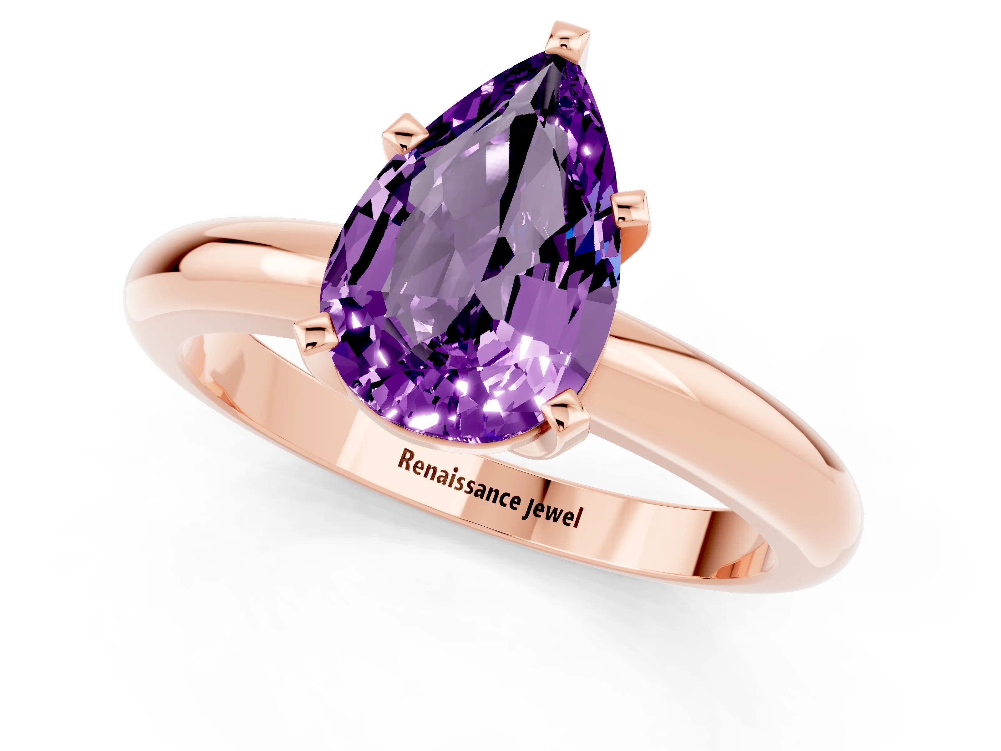Rose gold Pear Cut Amethyst Solitaire Engagement Ring with Round Band and Four-Prong Setting_1