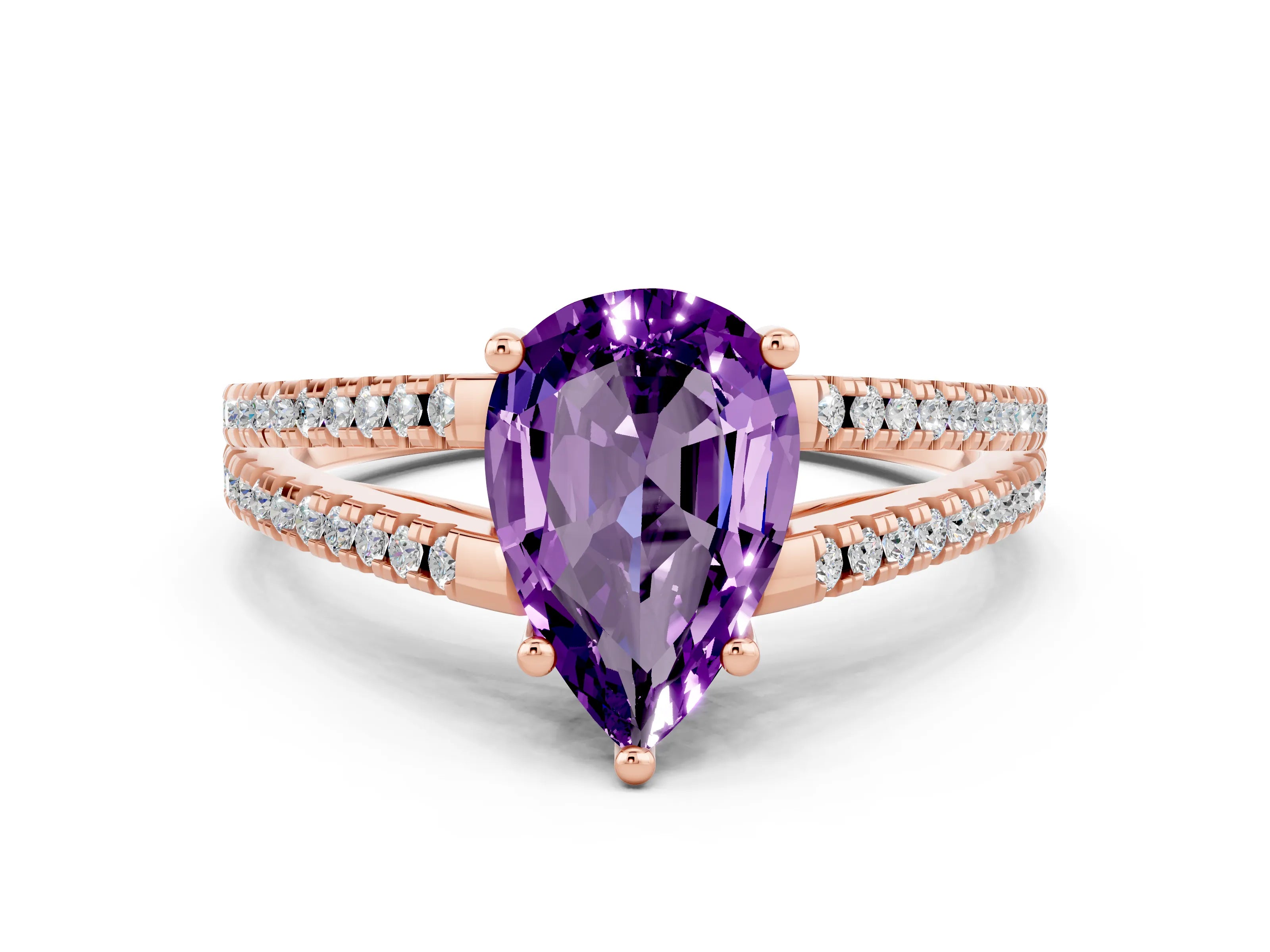 Rose gold Pear Cut Amethyst Solitaire Engagement Ring with Split Shank Pavé Band