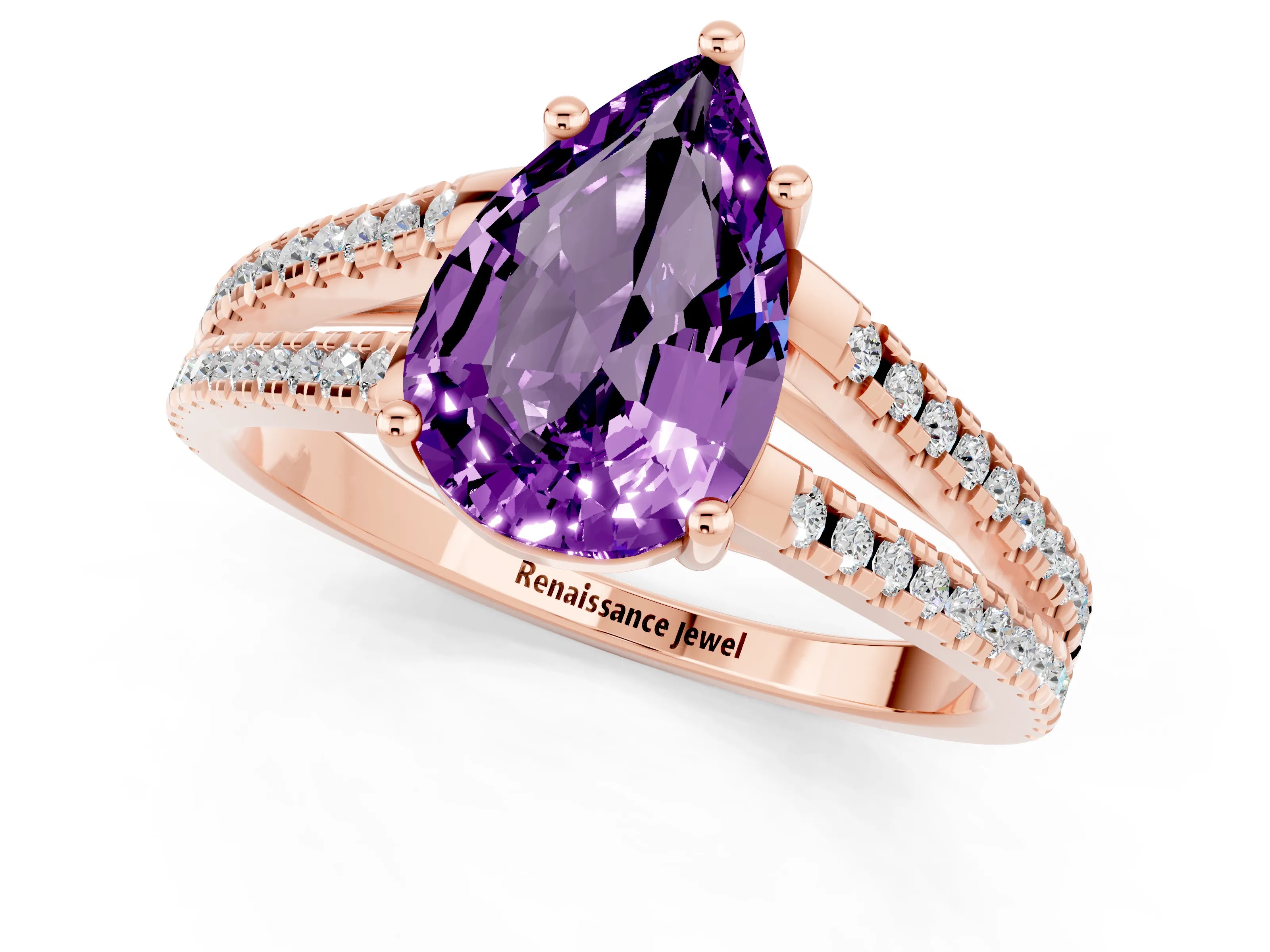 Rose gold Pear Cut Amethyst Solitaire Engagement Ring with Split Shank Pavé Band_1