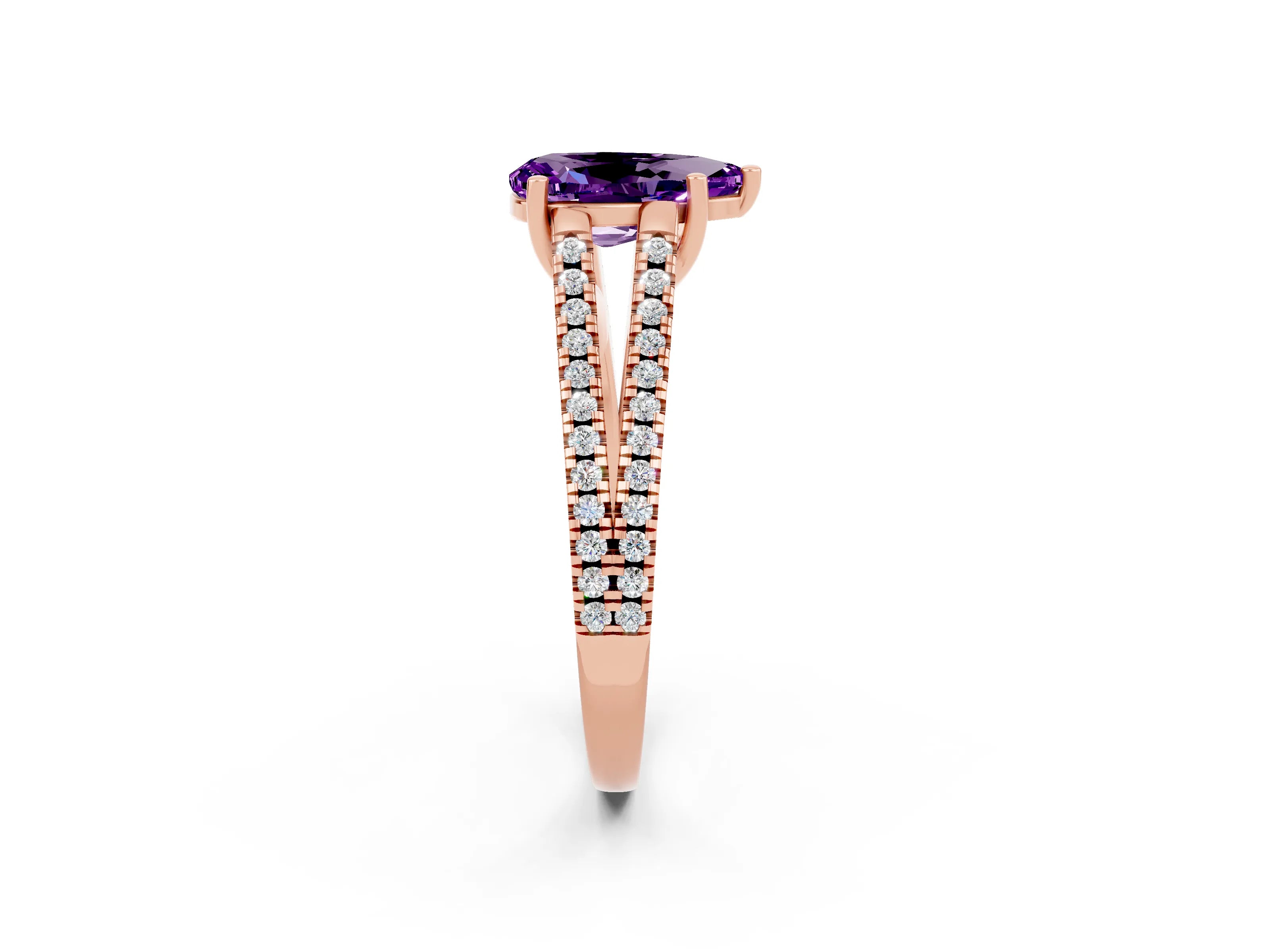 Rose gold Pear Cut Amethyst Solitaire Engagement Ring with Split Shank Pavé Band_2